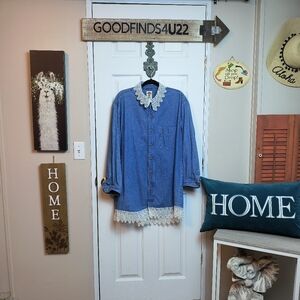 Vintage Dickies Jean and Lace Shacket Denim Shirt Butterfly Cottagecore XL
